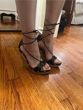 bebe Black Lace-Up Cork Wedge Sandals with Gold Studs